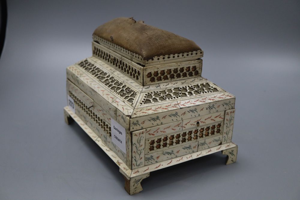 A bone overlaid Prisoner of War sewing box, length 24cm